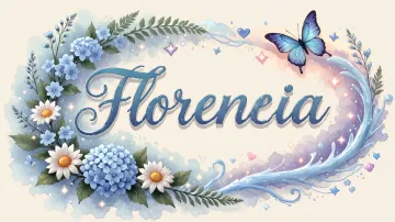 Florencia horizontal diseño 4 - Composición magica con nombre en letra cursiva azul, rodeado de hortensias azules, margaritas blancas y delicadas flores silvestres, enmarcado por suaves remolinos de agua, mariposas azules y destellos estelares sobre un fondo etéreo y romántico.