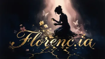 Florencia horizontal diseño 6 - Composición de ilustración semirrealista cinematográfica con silueta femenina tejiendo un hilo dorado de luz sobre un suelo oscuro fracturado al estilo Kintsugi, donde el nombre resalta en un prominente guión caligráfico dorado que emerge de las grietas, rodeado de flores blancas, mariposas y un fondo degradado de azules profundos iluminado por una luz celestial en tonos melocotón y crema, con una frase de aliento en tipografía blanca en la parte inferior.