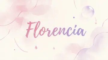 Florencia horizontal diseño 7 - Diseño abstracto en acuarela sobre fondo crema, con manchas fluidas y etéreas en rosa pastel y lila, líneas curvas que aportan movimiento, pequeñas gotas salpicadas cayendo verticalmente y una burbuja translúcida en la parte superior izquierda. El nombre resalta al centro con una tipografía cursiva amplia y elegante en degradado rosa a morado.