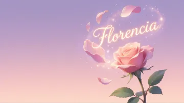 Florencia horizontal diseño 8 - Fondo de Pantalla con degradado suave que transiciona de lila en la parte superior a melocotón y rosa pastel en la base, destacando una rosa rosada hiperrealista con tallo y hojas verdes. El nombre brilla en tipografía cursiva con efecto neón cálido, adornado con pétalos cayendo y chispas de luz mágica.