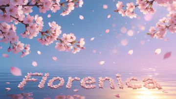 Florencia horizontal diseño 9 - Composición serena y onírica con ramas de cerezo en flor (sakura) en la parte superior contra un cielo en degradado de azul suave y lila. Pétalos de color rosa pastel flotan delicadamente en el aire cayendo hacia una superficie de agua tranquila y cristalina. En el centro inferior, el nombre está formado por pétalos de flores con un sutil efecto de relieve 3D y tipografía floral, reflejándose sobre el agua que está iluminada por un cálido destello dorado de luz solar en la esquina inferior derecha.