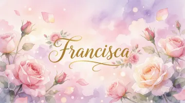 Francisca horizontal diseño 10 - Diseño estilo acuarela con un fondo etéreo y texturizado en nubes de tonos rosa pastel y lila suave. Presenta composiciones de rosas abiertas y capullos en los bordes inferior y superior, con pétalos cayendo delicadamente. Incorpora destellos de luz cálida (efecto bokeh) y, en el centro, resalta una tipografía elegante, cursiva y fluida en color dorado.
