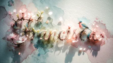 Francisca horizontal diseño 11 - Un delicado diseño de estilo acuarela digital que combina una tipografía de caligrafía personalizada para el nombre en tonos dorados y rosados suaves, adornada con pequeñas hojas y brotes. Un pajarito azul y naranja vibrante está posado en una de las letras. Todo está rodeado por un marco circular de ramas de cerezo en flor con delicadas flores rosadas y blancas. El fondo es un lavado de acuarela difuminado en tonos pastel suaves de azul cerceta, rosa rubor y melocotón sobre una textura de papel rugoso, con destellos luminosos y motas de luz bokeh flotando alrededor, creando una atmósfera mágica y soñadora. Las sombras suaves proyectadas añaden profundidad.