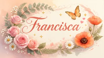 Francisca horizontal diseño 3 - Elegante composición de rosas rosadas y amapolas naranjas con mariposas doradas brillantes sobre un fondo cálido, romántico y mágico.