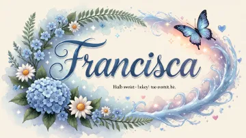 Francisca horizontal diseño 4 - Composición magica con nombre en letra cursiva azul, rodeado de hortensias azules, margaritas blancas y delicadas flores silvestres, enmarcado por suaves remolinos de agua, mariposas azules y destellos estelares sobre un fondo etéreo y romántico.