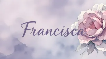 Francisca horizontal diseño 5 - Nombre en elegante tipografía cursiva caligráfica en tono lavanda, sobre fondo acuarela de cielo nublado en tonos pastel (azul, blanco, lavanda), decorado con rosa en acuarela de pétalos rosa pálido, blanco crema y lilas suaves con hojas en gris-verde.