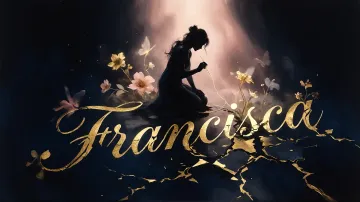 Francisca horizontal diseño 6 - Composición de ilustración semirrealista cinematográfica con silueta femenina tejiendo un hilo dorado de luz sobre un suelo oscuro fracturado al estilo Kintsugi, donde el nombre resalta en un prominente guión caligráfico dorado que emerge de las grietas, rodeado de flores blancas, mariposas y un fondo degradado de azules profundos iluminado por una luz celestial en tonos melocotón y crema, con una frase de aliento en tipografía blanca en la parte inferior.