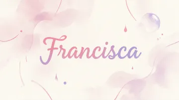 Francisca horizontal diseño 7 - Diseño abstracto en acuarela sobre fondo crema, con manchas fluidas y etéreas en rosa pastel y lila, líneas curvas que aportan movimiento, pequeñas gotas salpicadas cayendo verticalmente y una burbuja translúcida en la parte superior izquierda. El nombre resalta al centro con una tipografía cursiva amplia y elegante en degradado rosa a morado.
