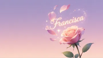Francisca horizontal diseño 8 - Fondo de Pantalla con degradado suave que transiciona de lila en la parte superior a melocotón y rosa pastel en la base, destacando una rosa rosada hiperrealista con tallo y hojas verdes. El nombre brilla en tipografía cursiva con efecto neón cálido, adornado con pétalos cayendo y chispas de luz mágica.