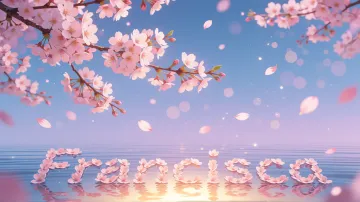 Francisca horizontal diseño 9 - Composición serena y onírica con ramas de cerezo en flor (sakura) en la parte superior contra un cielo en degradado de azul suave y lila. Pétalos de color rosa pastel flotan delicadamente en el aire cayendo hacia una superficie de agua tranquila y cristalina. En el centro inferior, el nombre está formado por pétalos de flores con un sutil efecto de relieve 3D y tipografía floral, reflejándose sobre el agua que está iluminada por un cálido destello dorado de luz solar en la esquina inferior derecha.