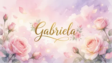 Gabriela horizontal diseño 10 - Diseño estilo acuarela con un fondo etéreo y texturizado en nubes de tonos rosa pastel y lila suave. Presenta composiciones de rosas abiertas y capullos en los bordes inferior y superior, con pétalos cayendo delicadamente. Incorpora destellos de luz cálida (efecto bokeh) y, en el centro, resalta una tipografía elegante, cursiva y fluida en color dorado.