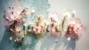 Gabriela horizontal diseño 11 - Un delicado diseño de estilo acuarela digital que combina una tipografía de caligrafía personalizada para el nombre en tonos dorados y rosados suaves, adornada con pequeñas hojas y brotes. Un pajarito azul y naranja vibrante está posado en una de las letras. Todo está rodeado por un marco circular de ramas de cerezo en flor con delicadas flores rosadas y blancas. El fondo es un lavado de acuarela difuminado en tonos pastel suaves de azul cerceta, rosa rubor y melocotón sobre una textura de papel rugoso, con destellos luminosos y motas de luz bokeh flotando alrededor, creando una atmósfera mágica y soñadora. Las sombras suaves proyectadas añaden profundidad.