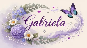 Gabriela horizontal diseño 2 - Diseño elegante de hortensias en tonos lila y morados suaves, con volutas estilizadas y una mariposa mística que aporta un toque etéreo y mágico.