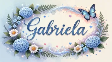 Gabriela horizontal diseño 4 - Composición magica con nombre en letra cursiva azul, rodeado de hortensias azules, margaritas blancas y delicadas flores silvestres, enmarcado por suaves remolinos de agua, mariposas azules y destellos estelares sobre un fondo etéreo y romántico.