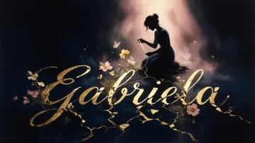Gabriela horizontal diseño 6 - Composición de ilustración semirrealista cinematográfica con silueta femenina tejiendo un hilo dorado de luz sobre un suelo oscuro fracturado al estilo Kintsugi, donde el nombre resalta en un prominente guión caligráfico dorado que emerge de las grietas, rodeado de flores blancas, mariposas y un fondo degradado de azules profundos iluminado por una luz celestial en tonos melocotón y crema, con una frase de aliento en tipografía blanca en la parte inferior.