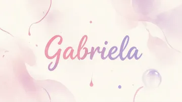 Gabriela horizontal diseño 7 - Diseño abstracto en acuarela sobre fondo crema, con manchas fluidas y etéreas en rosa pastel y lila, líneas curvas que aportan movimiento, pequeñas gotas salpicadas cayendo verticalmente y una burbuja translúcida en la parte superior izquierda. El nombre resalta al centro con una tipografía cursiva amplia y elegante en degradado rosa a morado.