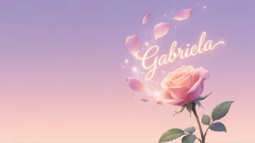 Gabriela horizontal diseño 8 - Fondo de Pantalla con degradado suave que transiciona de lila en la parte superior a melocotón y rosa pastel en la base, destacando una rosa rosada hiperrealista con tallo y hojas verdes. El nombre brilla en tipografía cursiva con efecto neón cálido, adornado con pétalos cayendo y chispas de luz mágica.