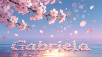 Gabriela horizontal diseño 9 - Composición serena y onírica con ramas de cerezo en flor (sakura) en la parte superior contra un cielo en degradado de azul suave y lila. Pétalos de color rosa pastel flotan delicadamente en el aire cayendo hacia una superficie de agua tranquila y cristalina. En el centro inferior, el nombre está formado por pétalos de flores con un sutil efecto de relieve 3D y tipografía floral, reflejándose sobre el agua que está iluminada por un cálido destello dorado de luz solar en la esquina inferior derecha.