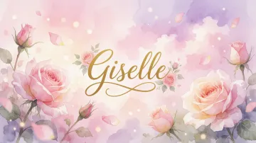 Giselle horizontal diseño 10 - Diseño estilo acuarela con un fondo etéreo y texturizado en nubes de tonos rosa pastel y lila suave. Presenta composiciones de rosas abiertas y capullos en los bordes inferior y superior, con pétalos cayendo delicadamente. Incorpora destellos de luz cálida (efecto bokeh) y, en el centro, resalta una tipografía elegante, cursiva y fluida en color dorado.