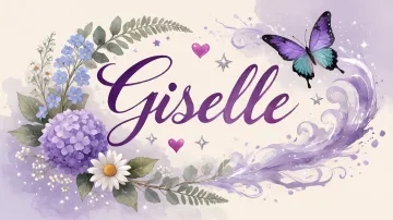 Giselle horizontal diseño 2 - Diseño elegante de hortensias en tonos lila y morados suaves, con volutas estilizadas y una mariposa mística que aporta un toque etéreo y mágico.