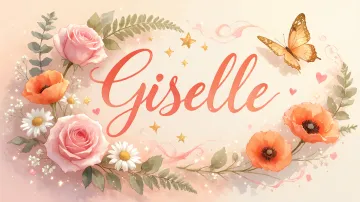 Giselle horizontal diseño 3 - Elegante composición de rosas rosadas y amapolas naranjas con mariposas doradas brillantes sobre un fondo cálido, romántico y mágico.