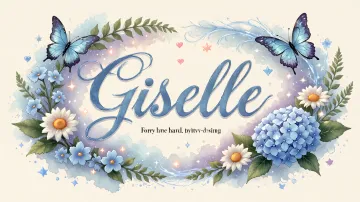 Giselle horizontal diseño 4 - Composición magica con nombre en letra cursiva azul, rodeado de hortensias azules, margaritas blancas y delicadas flores silvestres, enmarcado por suaves remolinos de agua, mariposas azules y destellos estelares sobre un fondo etéreo y romántico.
