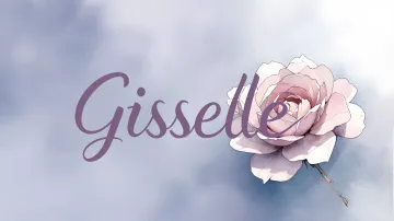 Giselle horizontal diseño 5 - Nombre en elegante tipografía cursiva caligráfica en tono lavanda, sobre fondo acuarela de cielo nublado en tonos pastel (azul, blanco, lavanda), decorado con rosa en acuarela de pétalos rosa pálido, blanco crema y lilas suaves con hojas en gris-verde.