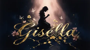 Giselle horizontal diseño 6 - Composición de ilustración semirrealista cinematográfica con silueta femenina tejiendo un hilo dorado de luz sobre un suelo oscuro fracturado al estilo Kintsugi, donde el nombre resalta en un prominente guión caligráfico dorado que emerge de las grietas, rodeado de flores blancas, mariposas y un fondo degradado de azules profundos iluminado por una luz celestial en tonos melocotón y crema, con una frase de aliento en tipografía blanca en la parte inferior.