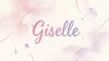 Giselle horizontal diseño 7 - Diseño abstracto en acuarela sobre fondo crema, con manchas fluidas y etéreas en rosa pastel y lila, líneas curvas que aportan movimiento, pequeñas gotas salpicadas cayendo verticalmente y una burbuja translúcida en la parte superior izquierda. El nombre resalta al centro con una tipografía cursiva amplia y elegante en degradado rosa a morado.