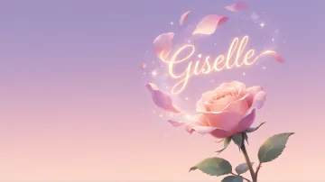Giselle horizontal diseño 8 - Fondo de Pantalla con degradado suave que transiciona de lila en la parte superior a melocotón y rosa pastel en la base, destacando una rosa rosada hiperrealista con tallo y hojas verdes. El nombre brilla en tipografía cursiva con efecto neón cálido, adornado con pétalos cayendo y chispas de luz mágica.