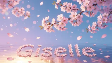 Giselle horizontal diseño 9 - Composición serena y onírica con ramas de cerezo en flor (sakura) en la parte superior contra un cielo en degradado de azul suave y lila. Pétalos de color rosa pastel flotan delicadamente en el aire cayendo hacia una superficie de agua tranquila y cristalina. En el centro inferior, el nombre está formado por pétalos de flores con un sutil efecto de relieve 3D y tipografía floral, reflejándose sobre el agua que está iluminada por un cálido destello dorado de luz solar en la esquina inferior derecha.