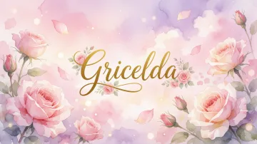 Gricelda horizontal diseño 10 - Diseño estilo acuarela con un fondo etéreo y texturizado en nubes de tonos rosa pastel y lila suave. Presenta composiciones de rosas abiertas y capullos en los bordes inferior y superior, con pétalos cayendo delicadamente. Incorpora destellos de luz cálida (efecto bokeh) y, en el centro, resalta una tipografía elegante, cursiva y fluida en color dorado.