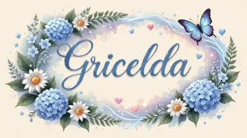 Gricelda horizontal diseño 4 - Composición magica con nombre en letra cursiva azul, rodeado de hortensias azules, margaritas blancas y delicadas flores silvestres, enmarcado por suaves remolinos de agua, mariposas azules y destellos estelares sobre un fondo etéreo y romántico.