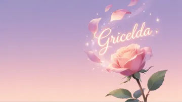 Gricelda horizontal diseño 8 - Fondo de Pantalla con degradado suave que transiciona de lila en la parte superior a melocotón y rosa pastel en la base, destacando una rosa rosada hiperrealista con tallo y hojas verdes. El nombre brilla en tipografía cursiva con efecto neón cálido, adornado con pétalos cayendo y chispas de luz mágica.