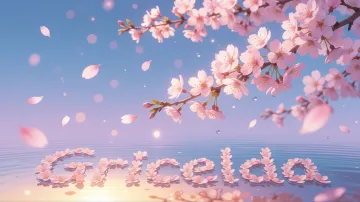 Gricelda horizontal diseño 9 - Composición serena y onírica con ramas de cerezo en flor (sakura) en la parte superior contra un cielo en degradado de azul suave y lila. Pétalos de color rosa pastel flotan delicadamente en el aire cayendo hacia una superficie de agua tranquila y cristalina. En el centro inferior, el nombre está formado por pétalos de flores con un sutil efecto de relieve 3D y tipografía floral, reflejándose sobre el agua que está iluminada por un cálido destello dorado de luz solar en la esquina inferior derecha.