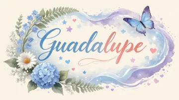 Guadalupe horizontal diseño 1 - Hortensias azules, flores pequeñas y acuarela suave con mariposas azules y brillo etéreo