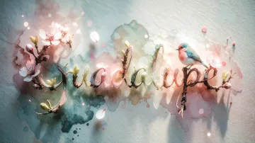 Guadalupe horizontal diseño 11 - Un delicado diseño de estilo acuarela digital que combina una tipografía de caligrafía personalizada para el nombre en tonos dorados y rosados suaves, adornada con pequeñas hojas y brotes. Un pajarito azul y naranja vibrante está posado en una de las letras. Todo está rodeado por un marco circular de ramas de cerezo en flor con delicadas flores rosadas y blancas. El fondo es un lavado de acuarela difuminado en tonos pastel suaves de azul cerceta, rosa rubor y melocotón sobre una textura de papel rugoso, con destellos luminosos y motas de luz bokeh flotando alrededor, creando una atmósfera mágica y soñadora. Las sombras suaves proyectadas añaden profundidad.