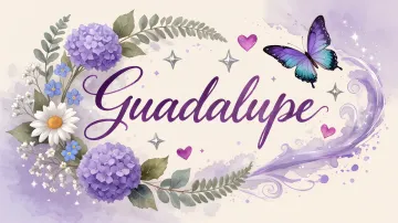 Guadalupe horizontal diseño 2 - Diseño elegante de hortensias en tonos lila y morados suaves, con volutas estilizadas y una mariposa mística que aporta un toque etéreo y mágico.