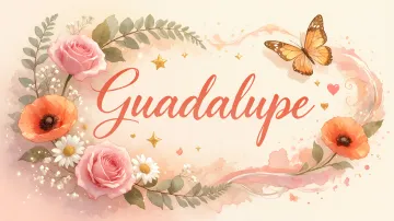 Guadalupe horizontal diseño 3 - Elegante composición de rosas rosadas y amapolas naranjas con mariposas doradas brillantes sobre un fondo cálido, romántico y mágico.
