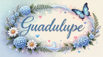 Guadalupe horizontal diseño 4 - Composición magica con nombre en letra cursiva azul, rodeado de hortensias azules, margaritas blancas y delicadas flores silvestres, enmarcado por suaves remolinos de agua, mariposas azules y destellos estelares sobre un fondo etéreo y romántico.