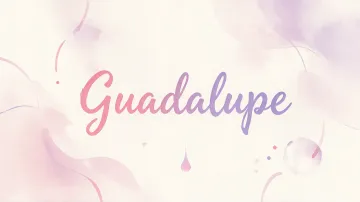Guadalupe horizontal diseño 7 - Diseño abstracto en acuarela sobre fondo crema, con manchas fluidas y etéreas en rosa pastel y lila, líneas curvas que aportan movimiento, pequeñas gotas salpicadas cayendo verticalmente y una burbuja translúcida en la parte superior izquierda. El nombre resalta al centro con una tipografía cursiva amplia y elegante en degradado rosa a morado.