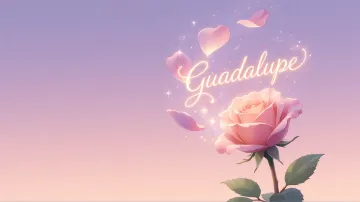 Guadalupe horizontal diseño 8 - Fondo de Pantalla con degradado suave que transiciona de lila en la parte superior a melocotón y rosa pastel en la base, destacando una rosa rosada hiperrealista con tallo y hojas verdes. El nombre brilla en tipografía cursiva con efecto neón cálido, adornado con pétalos cayendo y chispas de luz mágica.