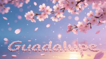 Guadalupe horizontal diseño 9 - Composición serena y onírica con ramas de cerezo en flor (sakura) en la parte superior contra un cielo en degradado de azul suave y lila. Pétalos de color rosa pastel flotan delicadamente en el aire cayendo hacia una superficie de agua tranquila y cristalina. En el centro inferior, el nombre está formado por pétalos de flores con un sutil efecto de relieve 3D y tipografía floral, reflejándose sobre el agua que está iluminada por un cálido destello dorado de luz solar en la esquina inferior derecha.