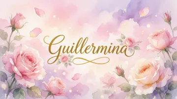 Guillermina horizontal diseño 10 - Diseño estilo acuarela con un fondo etéreo y texturizado en nubes de tonos rosa pastel y lila suave. Presenta composiciones de rosas abiertas y capullos en los bordes inferior y superior, con pétalos cayendo delicadamente. Incorpora destellos de luz cálida (efecto bokeh) y, en el centro, resalta una tipografía elegante, cursiva y fluida en color dorado.