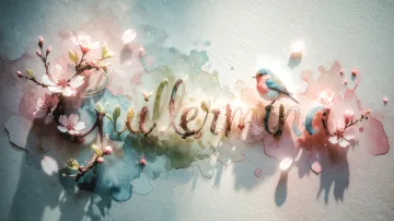 Guillermina horizontal diseño 11 - Un delicado diseño de estilo acuarela digital que combina una tipografía de caligrafía personalizada para el nombre en tonos dorados y rosados suaves, adornada con pequeñas hojas y brotes. Un pajarito azul y naranja vibrante está posado en una de las letras. Todo está rodeado por un marco circular de ramas de cerezo en flor con delicadas flores rosadas y blancas. El fondo es un lavado de acuarela difuminado en tonos pastel suaves de azul cerceta, rosa rubor y melocotón sobre una textura de papel rugoso, con destellos luminosos y motas de luz bokeh flotando alrededor, creando una atmósfera mágica y soñadora. Las sombras suaves proyectadas añaden profundidad.