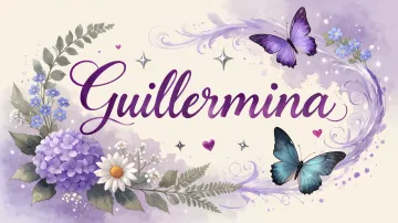 Guillermina horizontal diseño 2 - Diseño elegante de hortensias en tonos lila y morados suaves, con volutas estilizadas y una mariposa mística que aporta un toque etéreo y mágico.