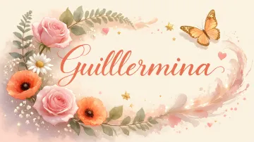 Guillermina horizontal diseño 3 - Elegante composición de rosas rosadas y amapolas naranjas con mariposas doradas brillantes sobre un fondo cálido, romántico y mágico.