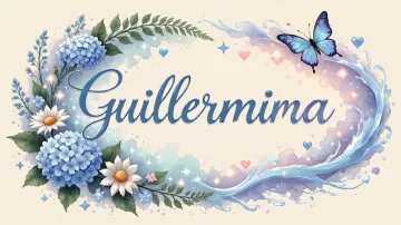 Guillermina horizontal diseño 4 - Composición magica con nombre en letra cursiva azul, rodeado de hortensias azules, margaritas blancas y delicadas flores silvestres, enmarcado por suaves remolinos de agua, mariposas azules y destellos estelares sobre un fondo etéreo y romántico.