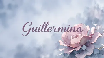 Guillermina horizontal diseño 5 - Nombre en elegante tipografía cursiva caligráfica en tono lavanda, sobre fondo acuarela de cielo nublado en tonos pastel (azul, blanco, lavanda), decorado con rosa en acuarela de pétalos rosa pálido, blanco crema y lilas suaves con hojas en gris-verde.