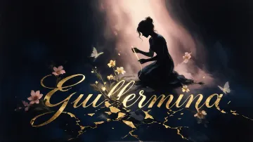 Guillermina horizontal diseño 6 - Composición de ilustración semirrealista cinematográfica con silueta femenina tejiendo un hilo dorado de luz sobre un suelo oscuro fracturado al estilo Kintsugi, donde el nombre resalta en un prominente guión caligráfico dorado que emerge de las grietas, rodeado de flores blancas, mariposas y un fondo degradado de azules profundos iluminado por una luz celestial en tonos melocotón y crema, con una frase de aliento en tipografía blanca en la parte inferior.